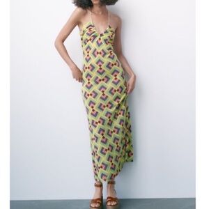 Zara Geometric Print Jacquard Knit Maxi Long Dress Yellow Summer